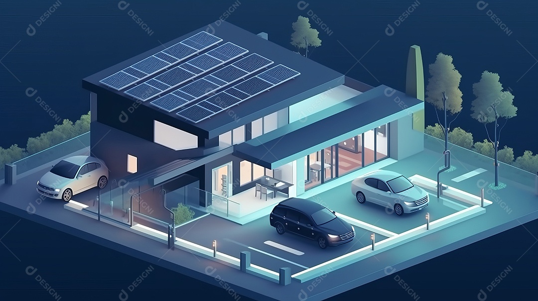Armazenamento de energia de bateria virtual doméstica com painéis solares fotovoltaicos domésticos, energia eólica e backup de eletricidade recarregável de íons de lítio. Carregamento de carros elétricos em sistema off-grid de ilha de energia intelige