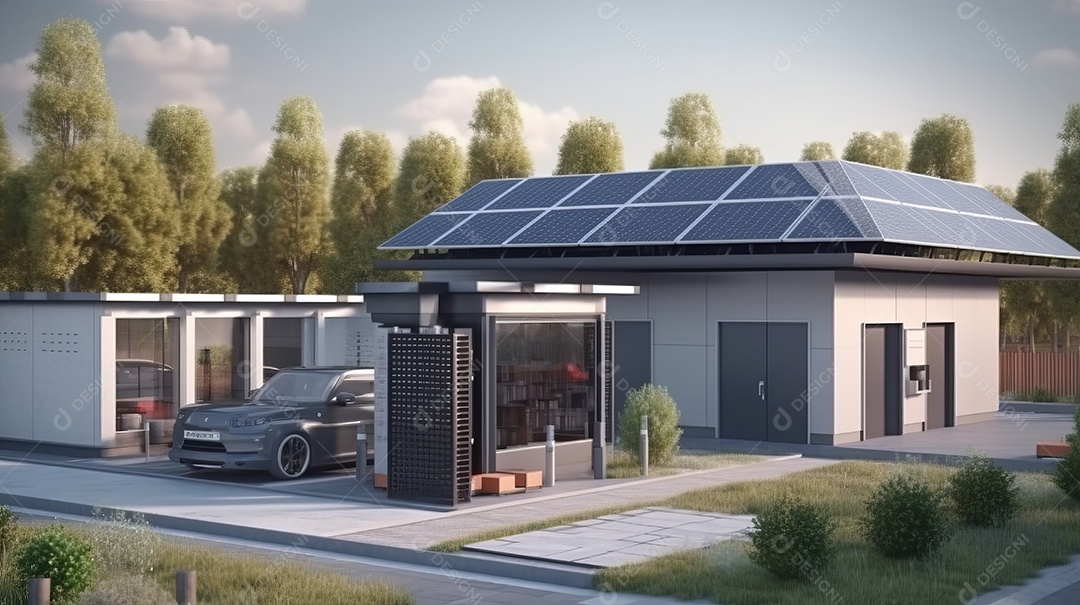 Armazenamento de energia de bateria virtual doméstica com painéis solares fotovoltaicos domésticos, energia eólica e backup de eletricidade recarregável de íons de lítio. Carregamento de carros elétricos em sistema off-grid de ilha de energia intelige