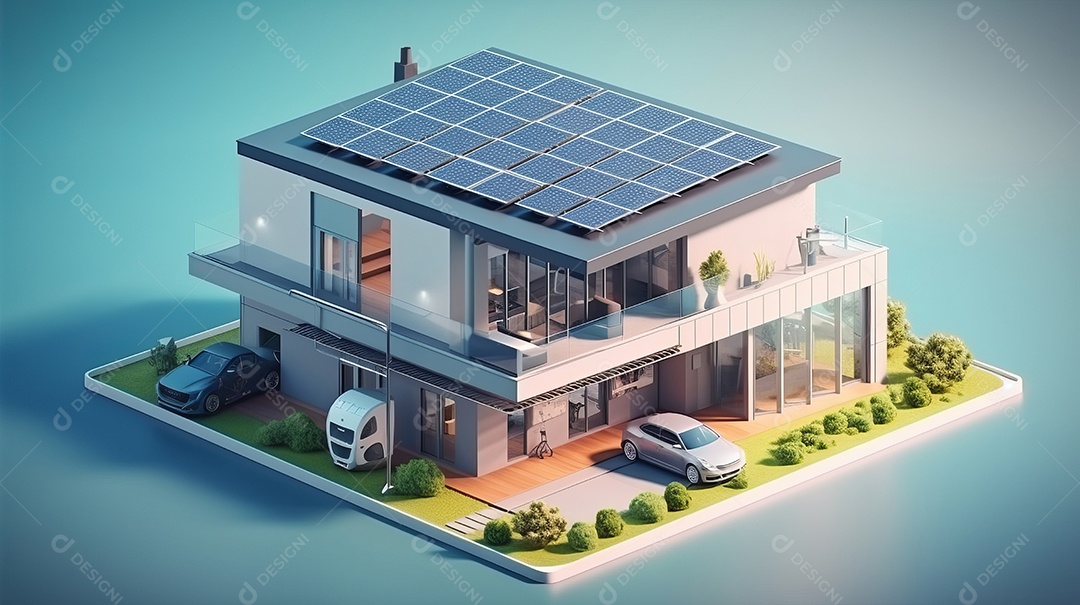 Armazenamento de energia de bateria virtual doméstica com painéis solares fotovoltaicos domésticos, energia eólica e backup de eletricidade recarregável de íons de lítio. Carregamento de carros elétricos em sistema off-grid de ilha de energia intelige