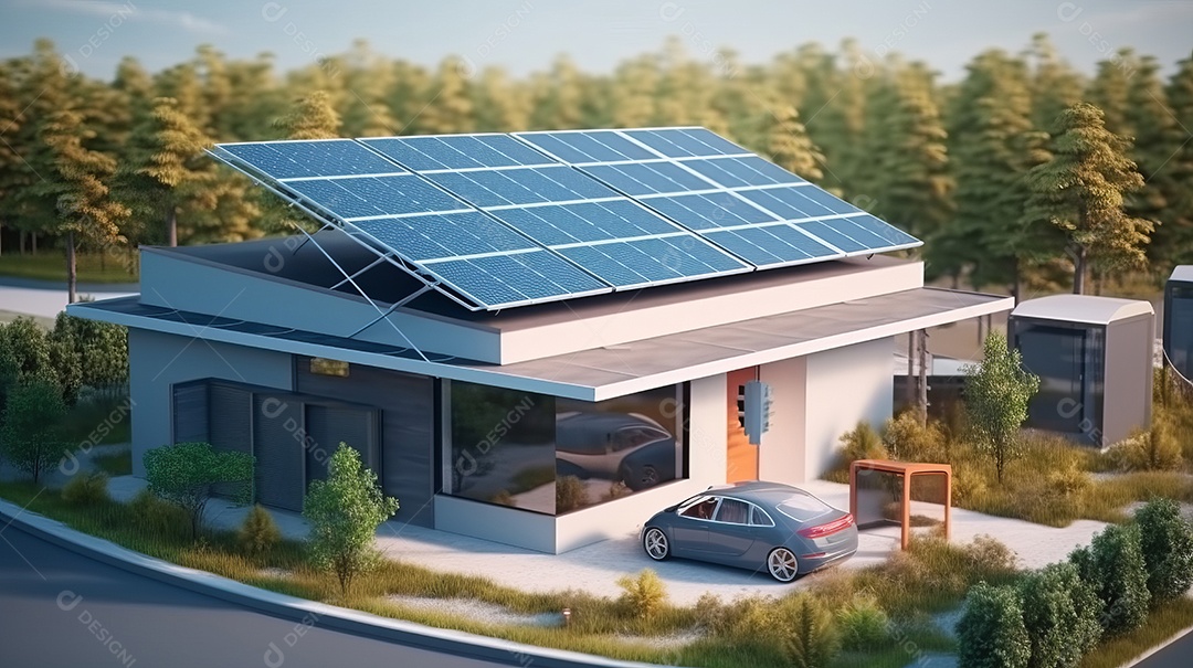 Armazenamento de energia de bateria virtual doméstica com painéis solares fotovoltaicos domésticos, energia eólica e backup de eletricidade recarregável de íons de lítio. Carregamento de carros elétricos em sistema off-grid de ilha de energia intelige
