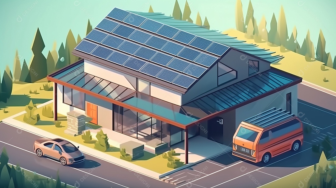 Armazenamento de energia de bateria virtual doméstica com painéis solares fotovoltaicos domésticos, energia eólica e backup de eletricidade recarregável de íons de lítio. Carregamento de carros elétricos em sistema off-grid de ilha de energia intelige