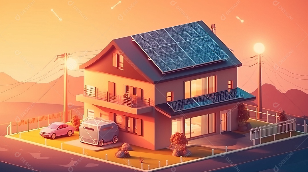 Armazenamento de energia de bateria virtual doméstica com painéis solares fotovoltaicos domésticos, energia eólica e backup de eletricidade recarregável de íons de lítio. Carregamento de carros elétricos em sistema off-grid de ilha de energia intelige