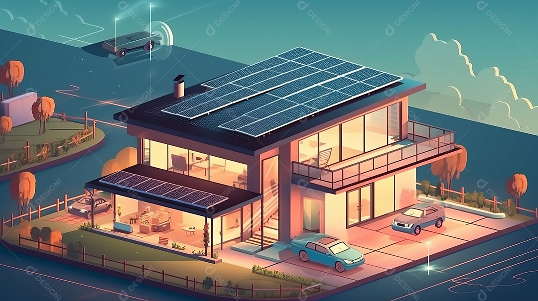 Armazenamento de energia de bateria virtual doméstica com painéis solares fotovoltaicos domésticos, energia eólica e backup de eletricidade recarregável de íons de lítio. Carregamento de carros elétricos em sistema off-grid de ilha de energia intelige