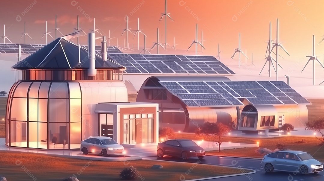 Armazenamento de energia de bateria virtual doméstica com painéis solares fotovoltaicos domésticos, energia eólica e backup de eletricidade recarregável de íons de lítio. Carregamento de carros elétricos em sistema off-grid de ilha de energia intelige