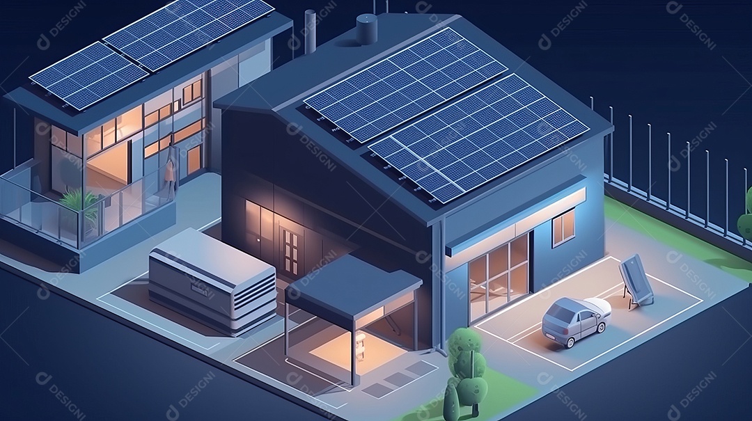 Armazenamento de energia de bateria virtual doméstica com painéis solares fotovoltaicos domésticos, energia eólica e backup de eletricidade recarregável de íons de lítio. Carregamento de carros elétricos em sistema off-grid de ilha de energia intelige