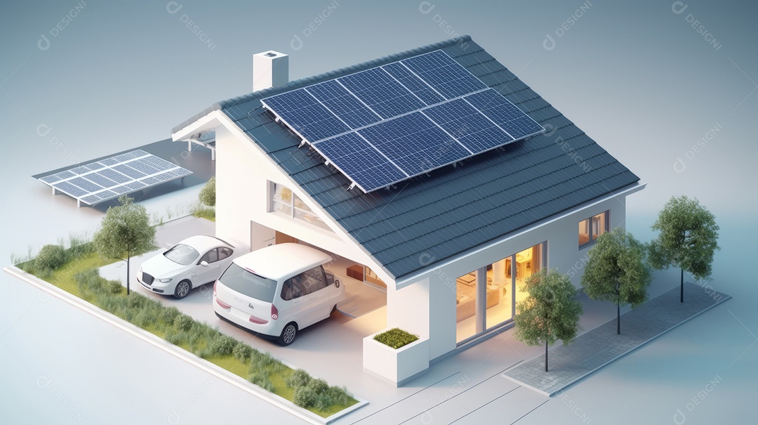 Armazenamento de energia de bateria virtual doméstica com painéis solares fotovoltaicos domésticos, energia eólica e backup de eletricidade recarregável de íons de lítio. Carregamento de carros elétricos em sistema off-grid de ilha de energia intelige