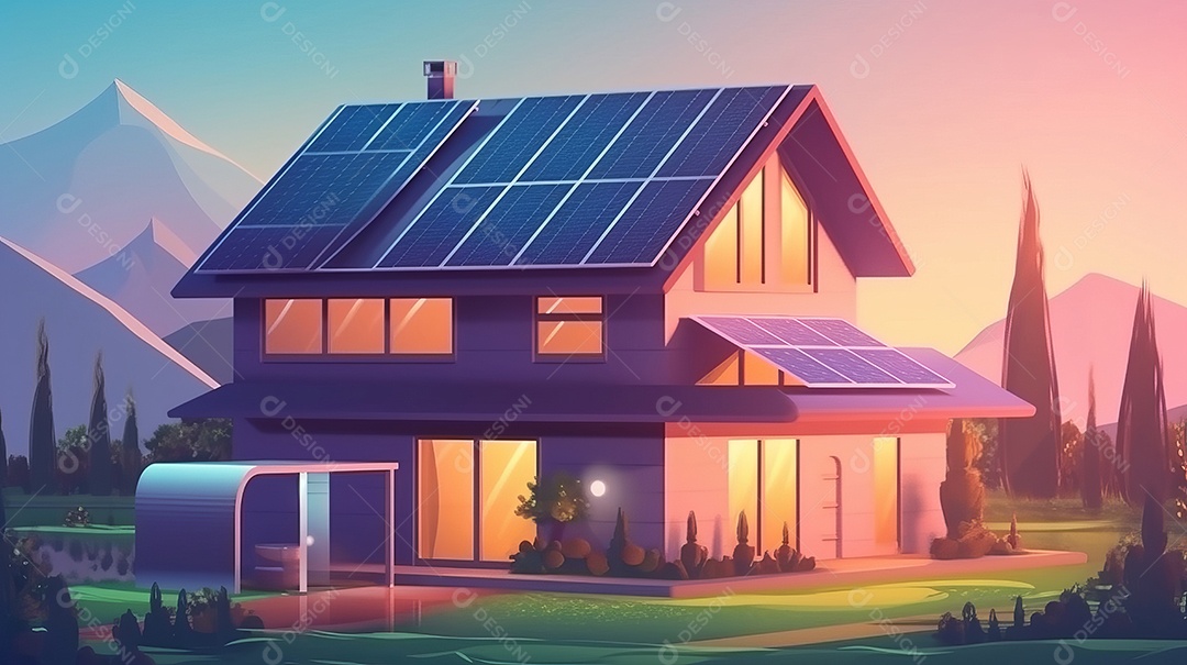 Armazenamento de energia de bateria virtual doméstica com painéis solares fotovoltaicos domésticos, energia eólica e backup de eletricidade recarregável de íons de lítio. Carregamento de carros elétricos em sistema off-grid de ilha de energia intelige