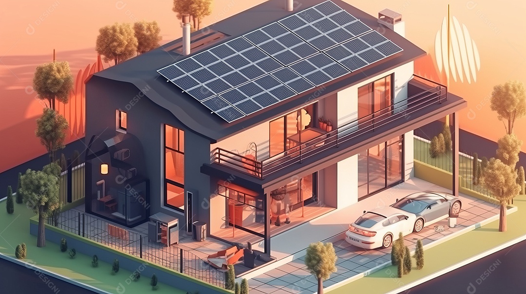 Armazenamento de energia de bateria virtual doméstica com painéis solares fotovoltaicos domésticos, energia eólica e backup de eletricidade recarregável de íons de lítio. Carregamento de carros elétricos em sistema off-grid de ilha de energia intelige