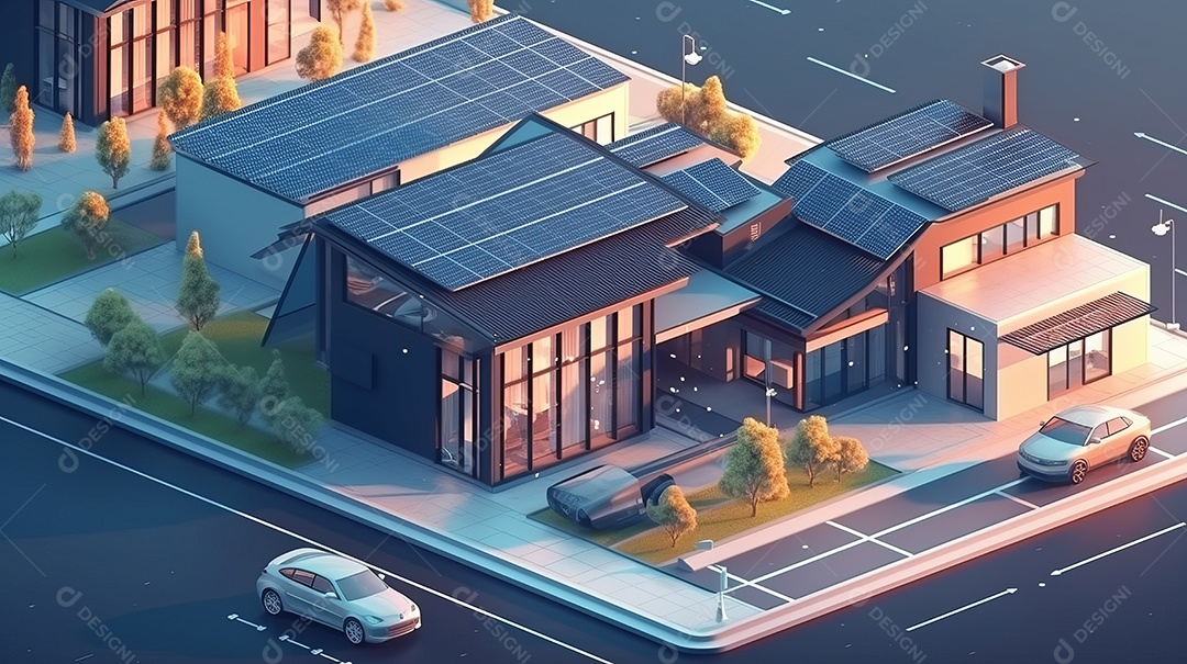 Armazenamento de energia de bateria virtual doméstica com painéis solares fotovoltaicos domésticos, energia eólica e backup de eletricidade recarregável de íons de lítio. Carregamento de carros elétricos em sistema off-grid de ilha de energia intelige