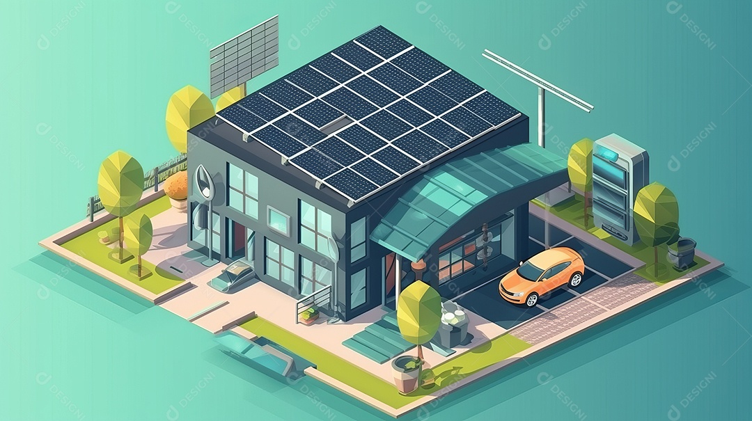 Armazenamento de energia de bateria virtual doméstica com painéis solares fotovoltaicos domésticos, energia eólica e backup de eletricidade recarregável de íons de lítio. Carregamento de carros elétricos em sistema off-grid de ilha de energia intelige