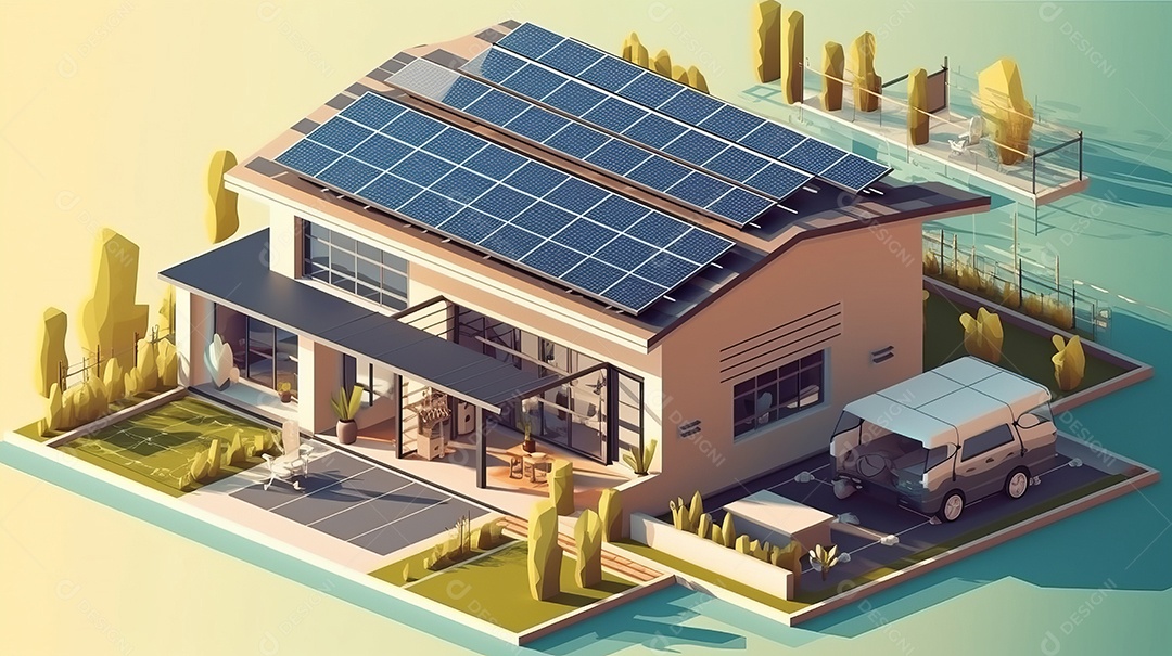 Armazenamento de energia de bateria virtual doméstica com painéis solares fotovoltaicos domésticos, energia eólica e backup de eletricidade recarregável de íons de lítio. Carregamento de carros elétricos em sistema off-grid de ilha de energia intelige