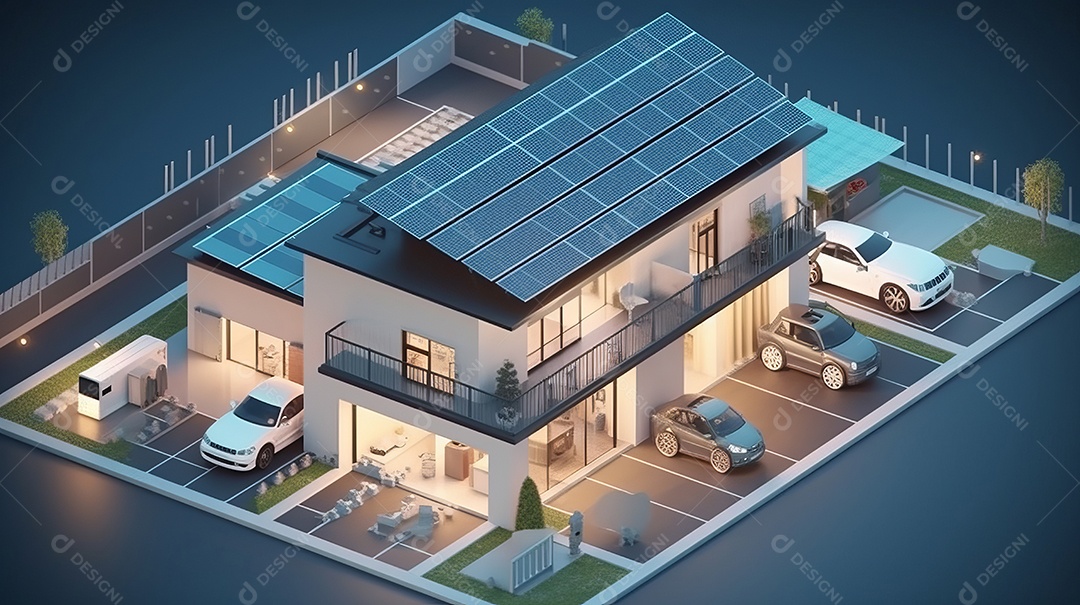 Armazenamento de energia de bateria virtual doméstica com painéis solares fotovoltaicos domésticos, energia eólica e backup de eletricidade recarregável de íons de lítio. Carregamento de carros elétricos em sistema off-grid de ilha de energia intelige