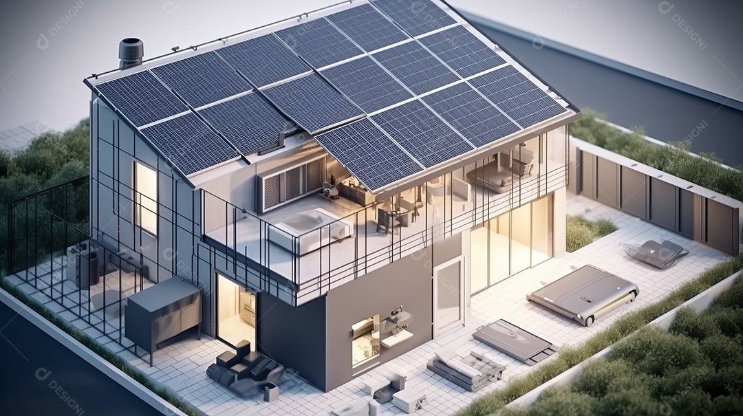 Armazenamento de energia de bateria virtual doméstica com painéis solares fotovoltaicos domésticos, energia eólica e backup de eletricidade recarregável de íons de lítio. Carregamento de carros elétricos em sistema off-grid de ilha de energia intelige