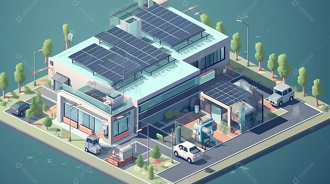 Armazenamento de energia de bateria virtual doméstica com painéis solares fotovoltaicos domésticos, energia eólica e backup de eletricidade recarregável de íons de lítio. Carregamento de carros elétricos em sistema off-grid de ilha de energia intelige