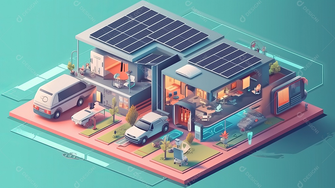 Armazenamento de energia de bateria virtual doméstica com painéis solares fotovoltaicos domésticos, energia eólica e backup de eletricidade recarregável de íons de lítio. Carregamento de carros elétricos em sistema off-grid de ilha de energia intelige