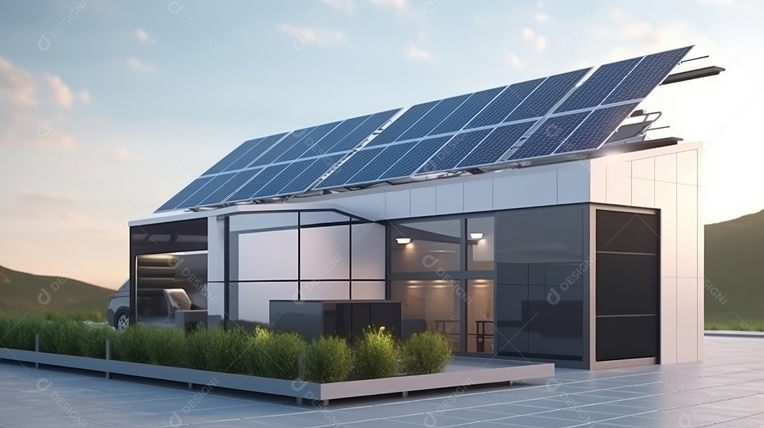 Armazenamento de energia de bateria virtual doméstica com painéis solares fotovoltaicos domésticos, energia eólica e backup de eletricidade recarregável de íons de lítio. Carregamento de carros elétricos em sistema off-grid de ilha de energia intelige
