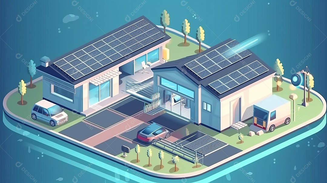 Armazenamento de energia de bateria virtual doméstica com painéis solares fotovoltaicos domésticos, energia eólica e backup de eletricidade recarregável de íons de lítio. Carregamento de carros elétricos em sistema off-grid de ilha de energia intelige