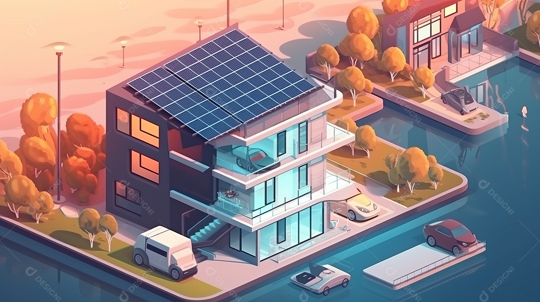 Armazenamento de energia de bateria virtual doméstica com painéis solares fotovoltaicos domésticos, energia eólica e backup de eletricidade recarregável de íons de lítio. Carregamento de carros elétricos em sistema off-grid de ilha de energia intelige