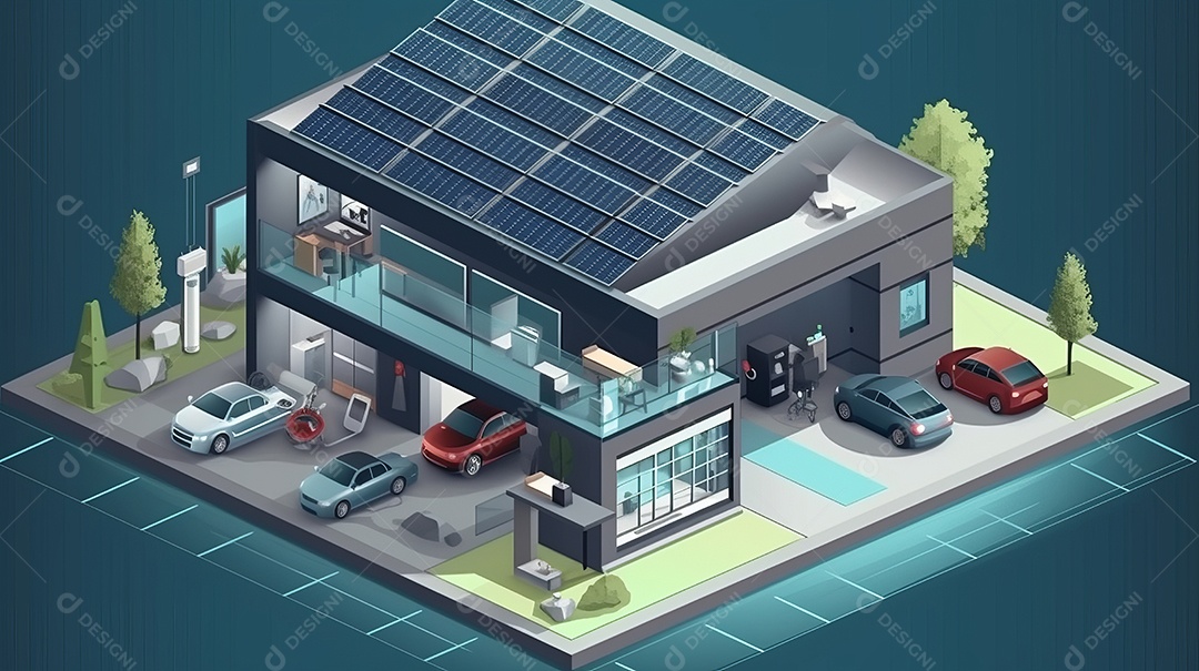 Armazenamento de energia de bateria virtual doméstica com painéis solares fotovoltaicos domésticos, energia eólica e backup de eletricidade recarregável de íons de lítio. Carregamento de carros elétricos em sistema off-grid de ilha de energia intelige