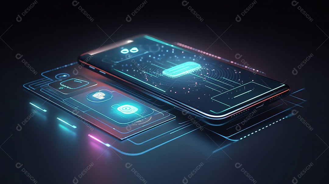 Smartphone em perspectiva e aplicativo de internet banking Transação de segurança de pagamento on-line via cartão de crédito Proteção digital, proteção de pagamento de transferência. Aplicativo de smartphone moderno IA generativa.