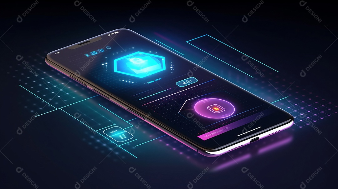 Smartphone em perspectiva e aplicativo de internet banking Transação de segurança de pagamento on-line via cartão de crédito Proteção digital, proteção de pagamento de transferência. Aplicativo de smartphone moderno IA generativa.