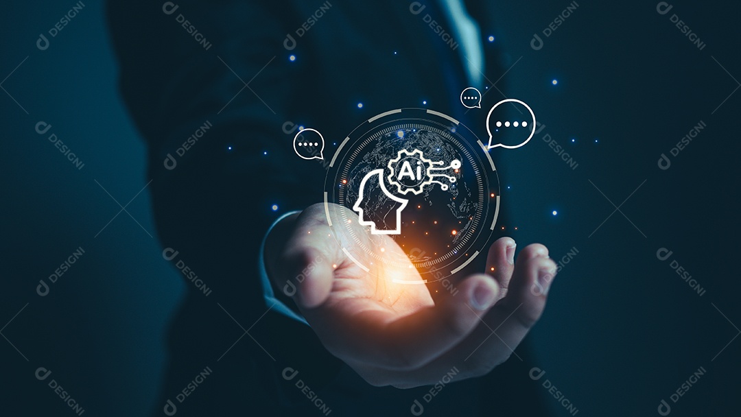 homem de negócios segurando o cérebro de AI, Symbolic, Machine Learning, inteligência artificial de tecnologia futurista.