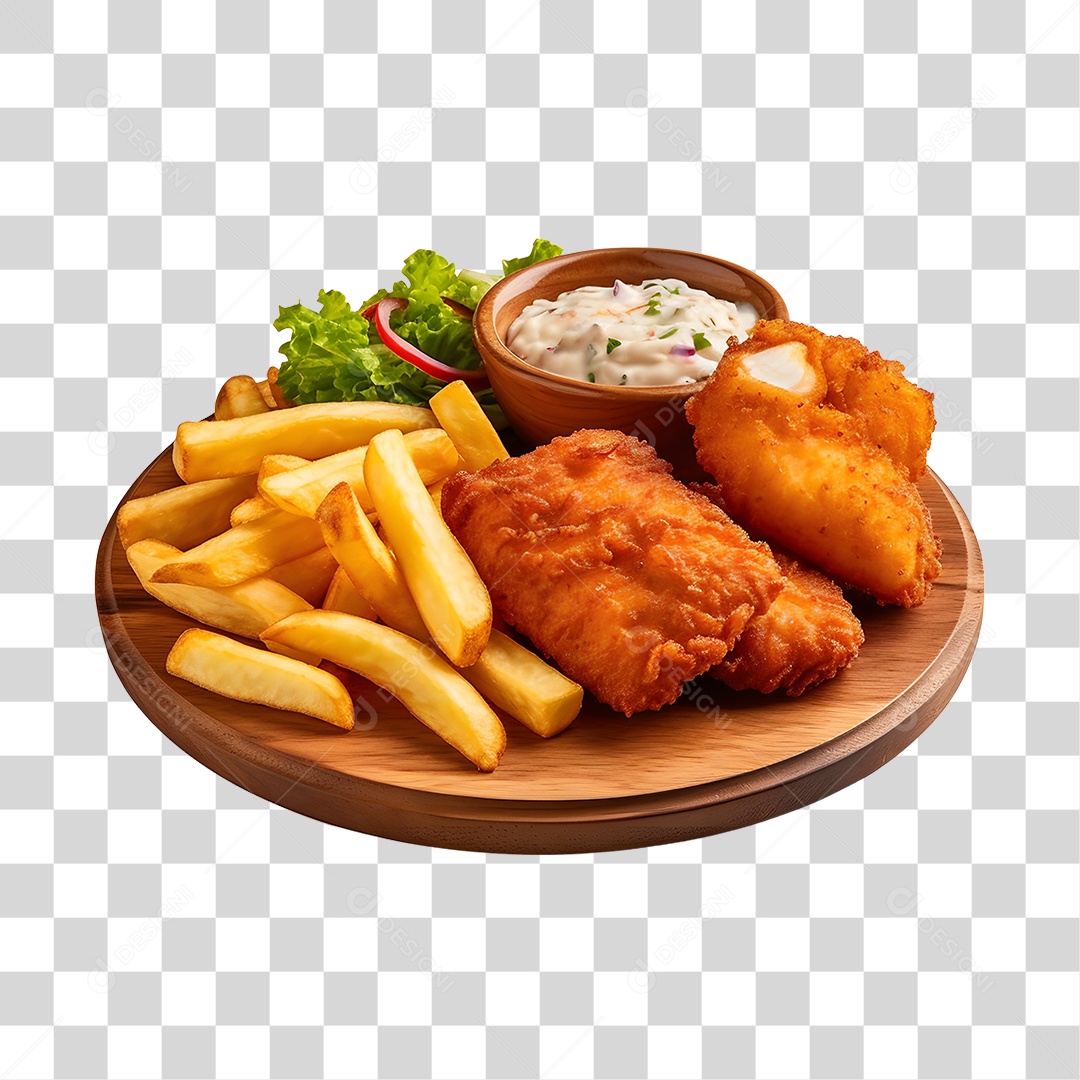 Peixe e fritas sobre tábua de madeira PNG Transparente