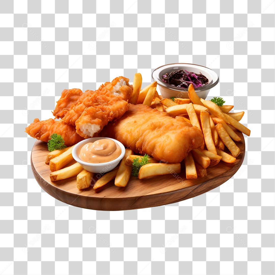 Peixe e fritas sobre tábua de madeira PNG Transparente