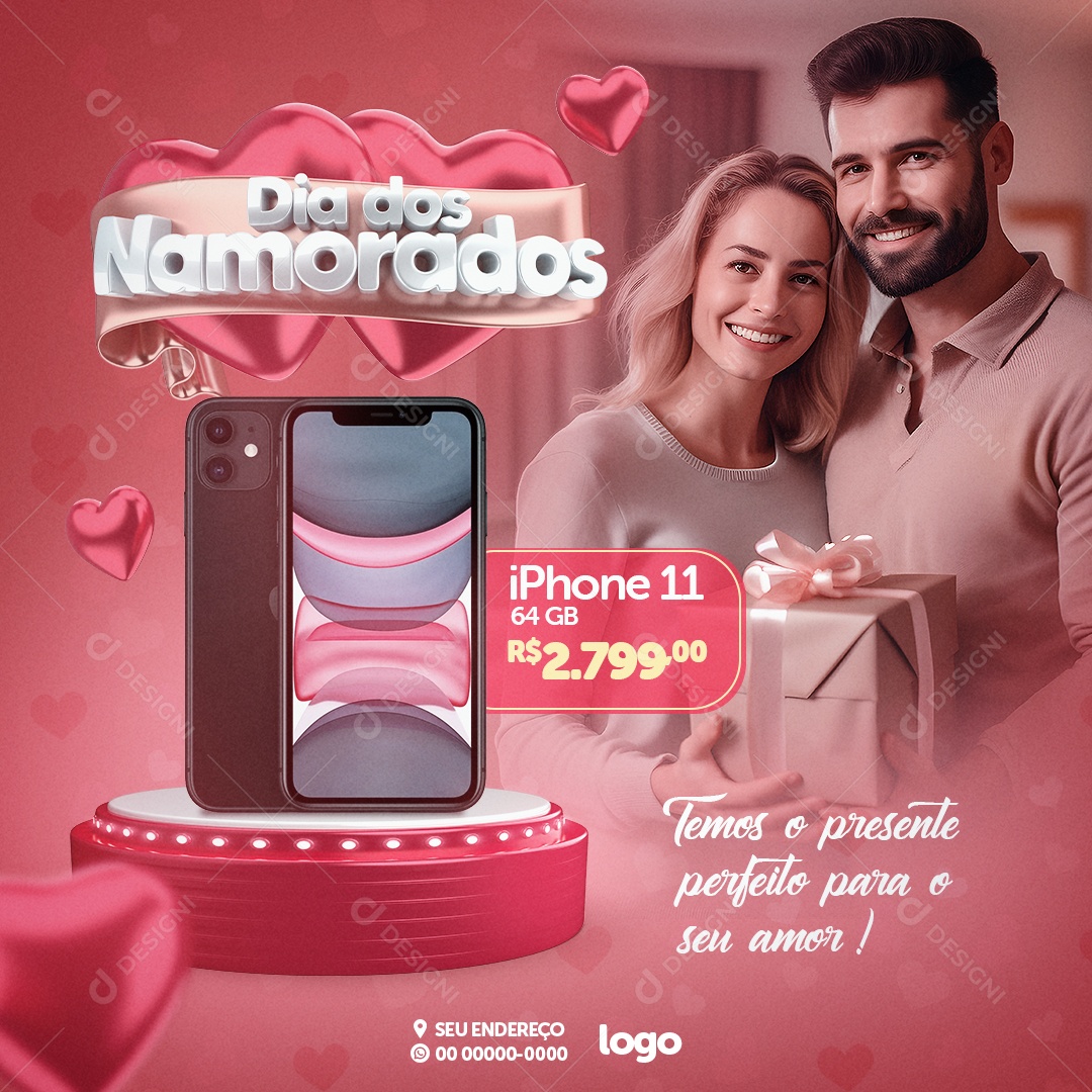 Dia Dos Namorados Iphone 11 64GB 2.799,00 Loja De Celulares Social Media PSD Editável
