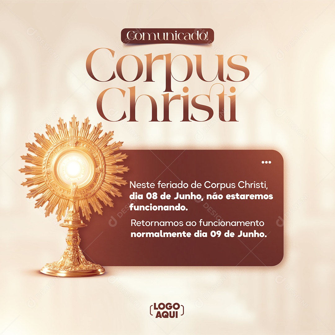Neste Feriado De Corpus Christi Não Estaremos Funcionando Comunicado Social Media PSD Editável