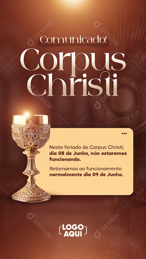 Story Comunicado Neste Feriado De Corpus Christi Não Estaremos Funcionando Social Media PSD Editável