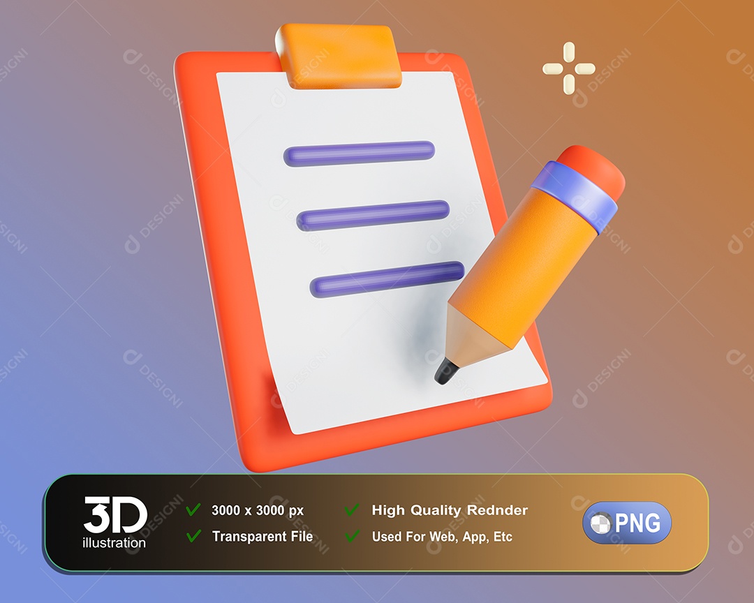 Prancheta Lápis Elemento 3D Para Composição PSD