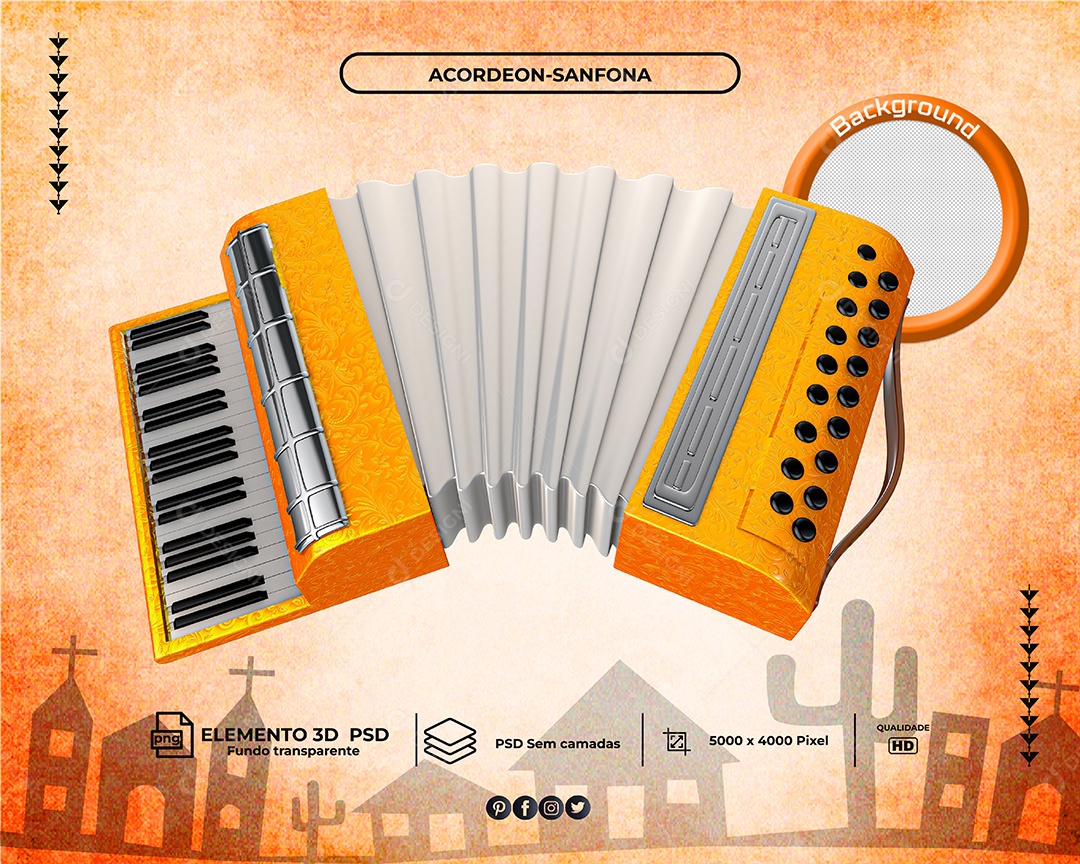 Elemento 3D Sanfona Laranjada Para Composição PSD