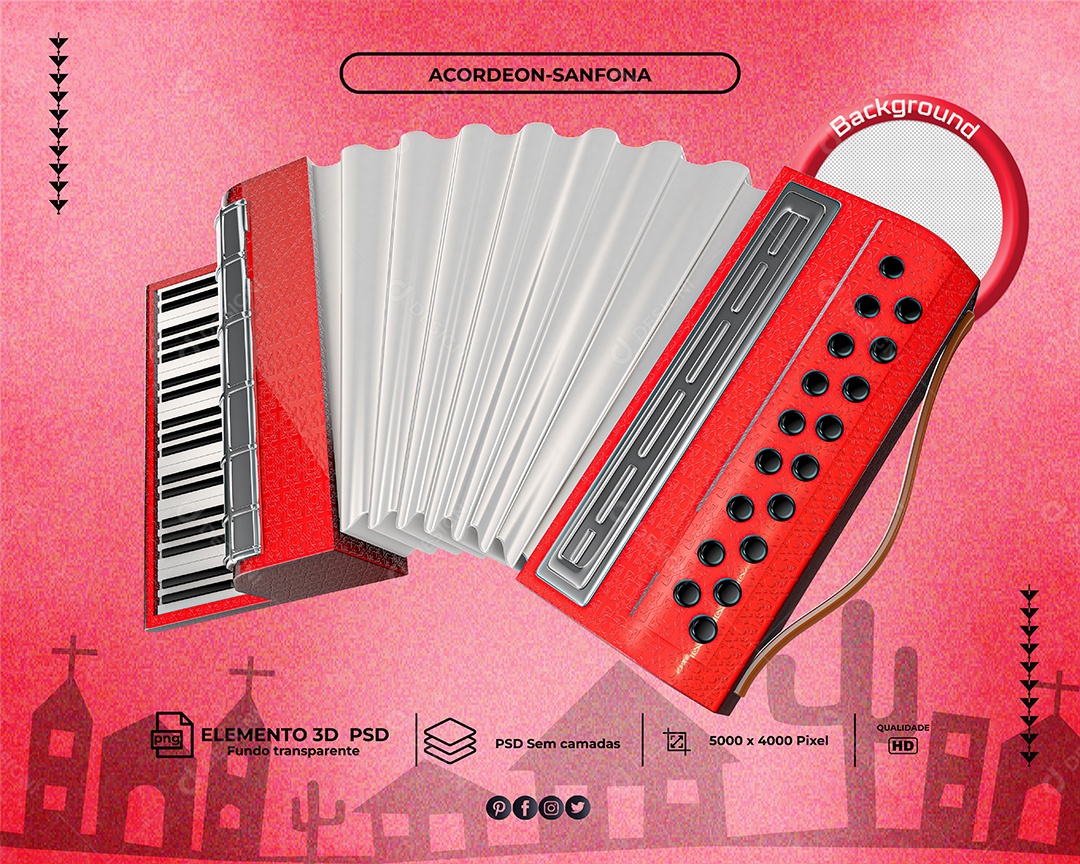 Elemento 3D Sanfona Vermelha Para Composição PSD