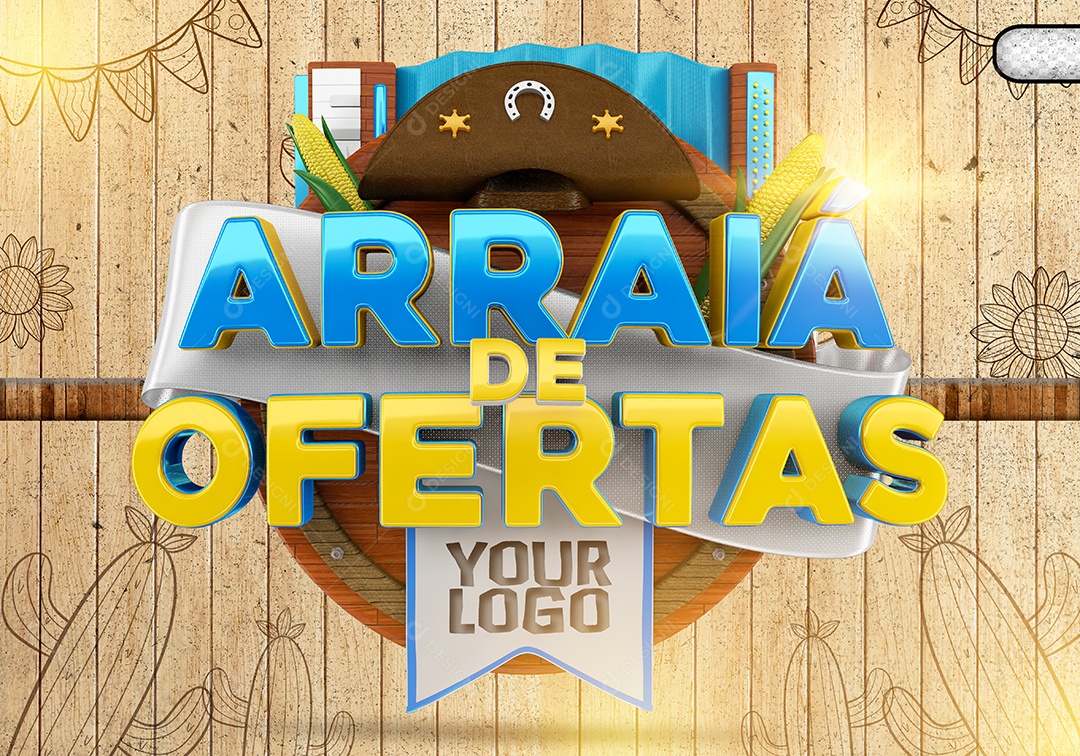 Arraiá De Ofertas Azul E Amarelo Selo 3D Para Composição PSD