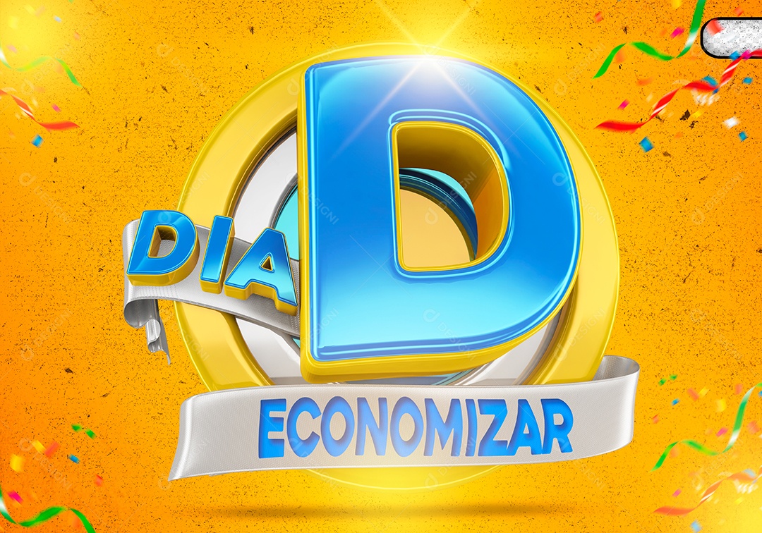 Selo 3D Dia D Economizar Azul E Dourado Para Composição PSD