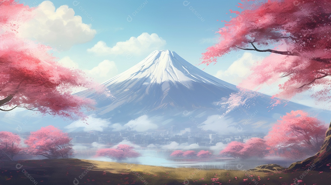 Lindas cerejeiras rosas sobre fundo do monte fuji