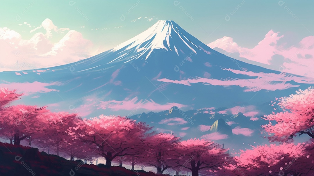 Lindas cerejeiras rosas sobre fundo do monte fuji