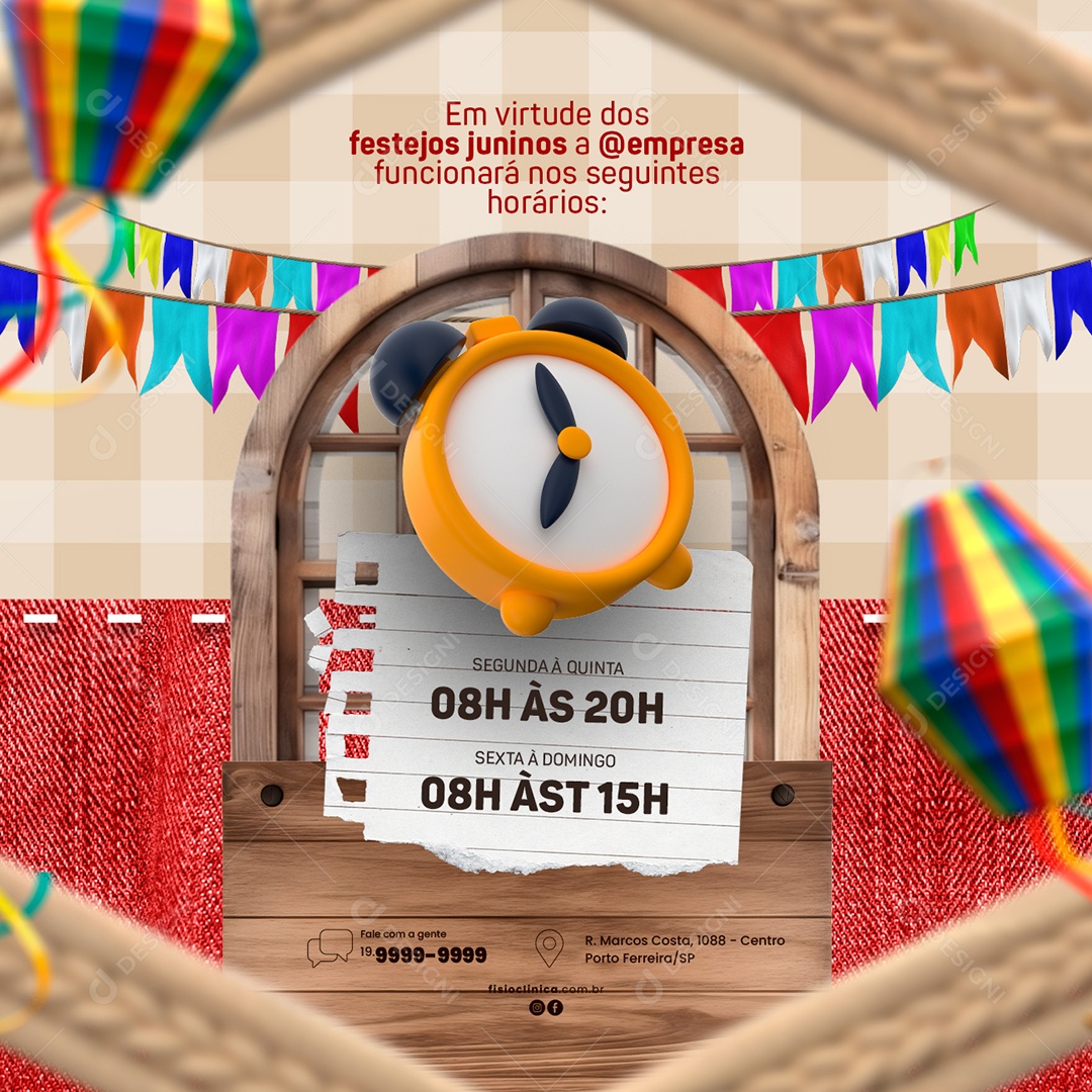 Em Virtude Dos Festejos Juninos Funcionará Nos Seguintes Horários São João Social Media PSD Editável