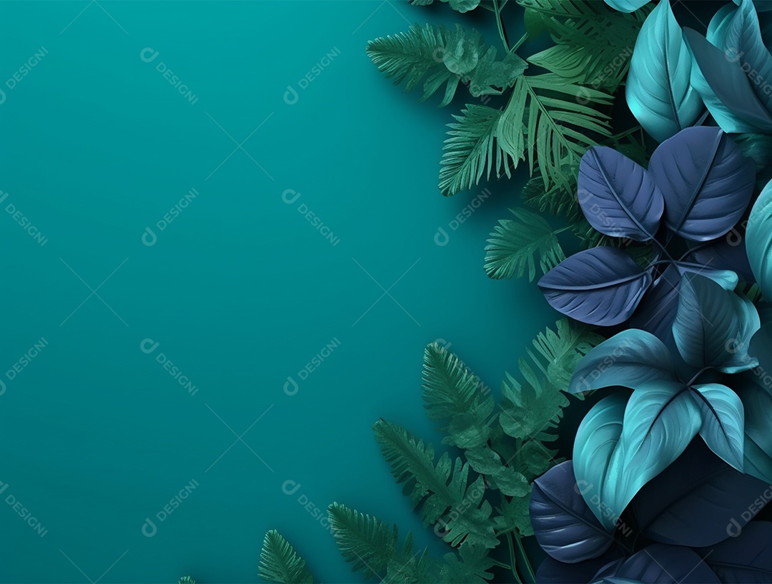 Fundo azul com folhagens.