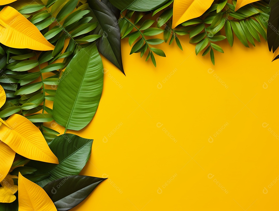 Fundo amarelo com folhagem.