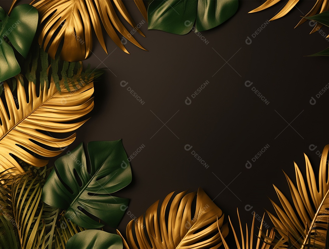 Fundo escuro com folhas pretas e douradas.