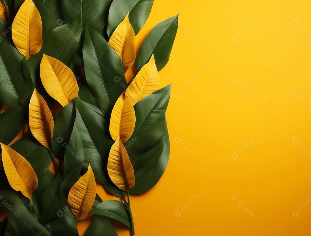 Fundo amarelo com lindas folhagens.