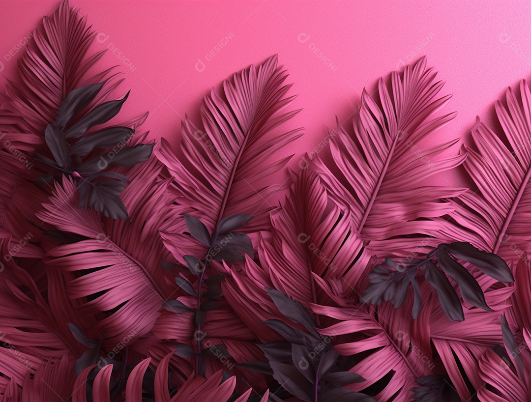 Fundo rosa com folhagens.