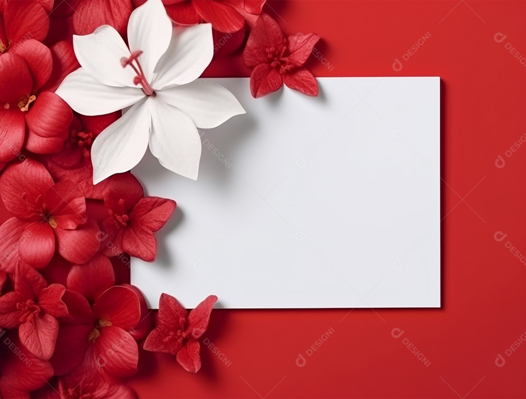 Papel branco sobre um fundo vermelho com flores.