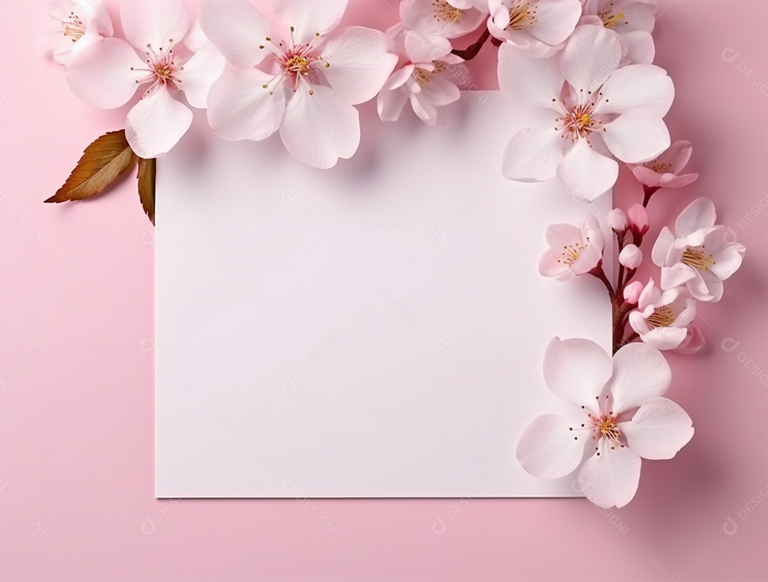 Papel branco em um fundo rosa com flores