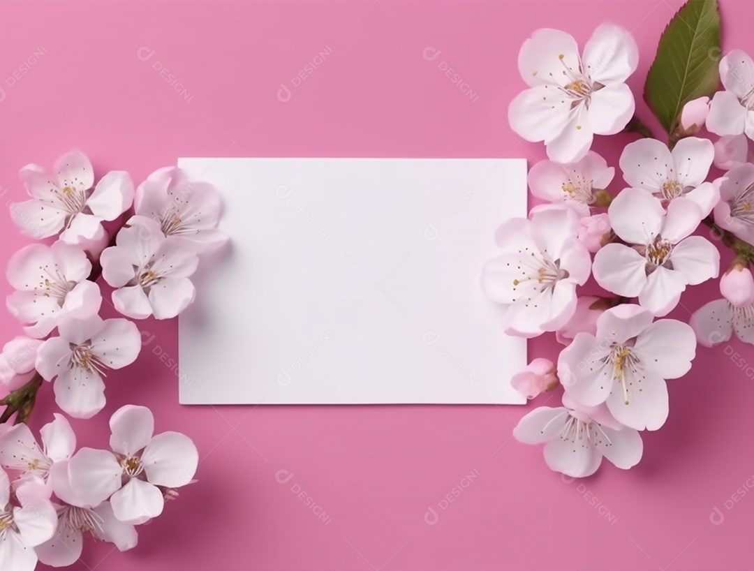 Papel retangular branco com flores sobre um fundo rosa.