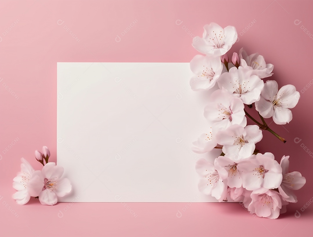 Papel retangular branco com flores sobre um fundo rosa.