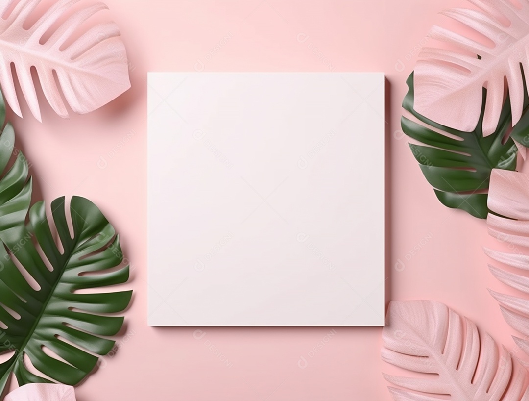 Papel em branco sobre fundo rosa com folhagem.