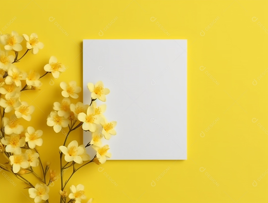 Papel branco em um fundo amarelo com flores.